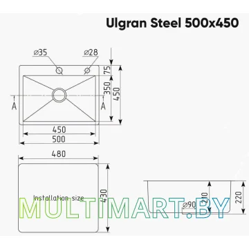 Кухонная мойка Ulgran Steel 50x45 (брашированная сталь) картинка 6